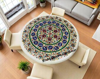 White Marble Inlay Coffee Table: Pietra Dura Marquetry Art
