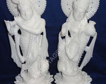 Estatua de Radha Krishna de mármol blanco hecha a mano - Ídolo religioso de 40 cm