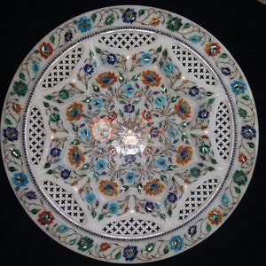 Marble White Decorative Food Serving Plate Filigree Inlaid Marquetry Fine Floral Design Handmade Gift Decor