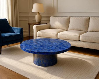 Handmade Lapis Lazuli Coffee Table, Gemstone Inlaid Marble