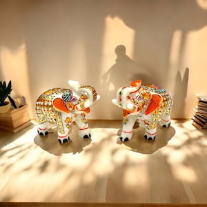 3&quot; Hand Painted Marble Elephant Sculpture Set of 2 Pcs Unique Statue Showpiece Home Interior & Gift Decors
