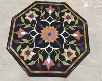 12" Black Marble Table Top Inlay Mosaic Pietra Dura Marquetry Art Kitchen Dine Table Hallway Furniture Farmhouse Decors