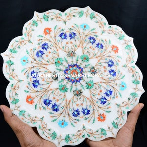 White Marble Floral Serving Dish Plate, Semi Precious Inlay Gemstone Marquetry Arts, Dining & Serving Plates Home Decors