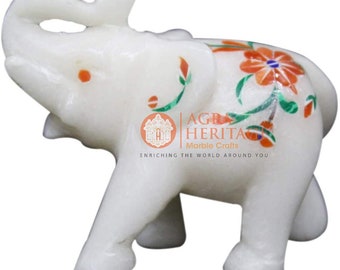 2.5" White Marble Elephant Schlpture Carnelian Stone Floral Handmade Art Christmas Gifts Decor