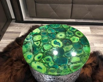 Mesa de centro redonda de ágata verde: muebles de lujo hechos a mano
