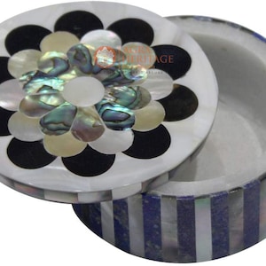 4&quot;x4&quot; Pauashell Gemstone Inlay White Marble Round Trinket Box Handmade Gifts