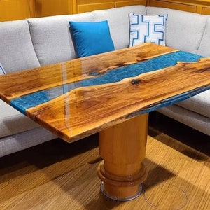 Acacia Wooden Epoxy Table, Blue Epoxy Dining Table, Resin Arts Table, Sofa Center Table, Coffee Table, Luxurious Furniture for Home Decors