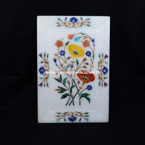 White Marble Tray Floral Multi Marquetry Inlay Design Housewarming Gift