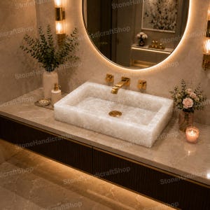 Handmade White Crystal Sink, Rectangular Quartz Wash Basin for Elegant Bathroom Interiors
