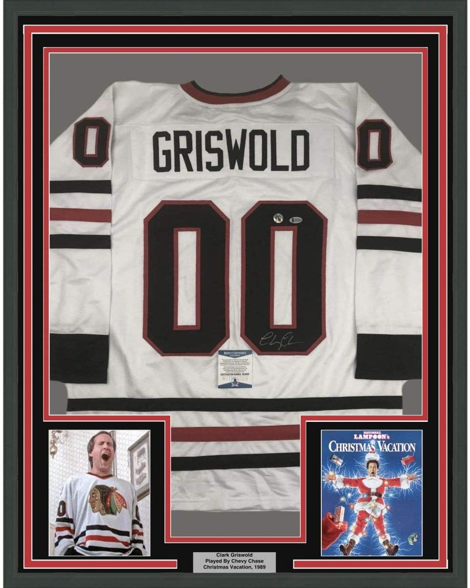 Autographed/Signed Chevy Chase Clark Griswold Christmas Vacation Movie  Chicago White Hockey Jersey Beckett BAS COA