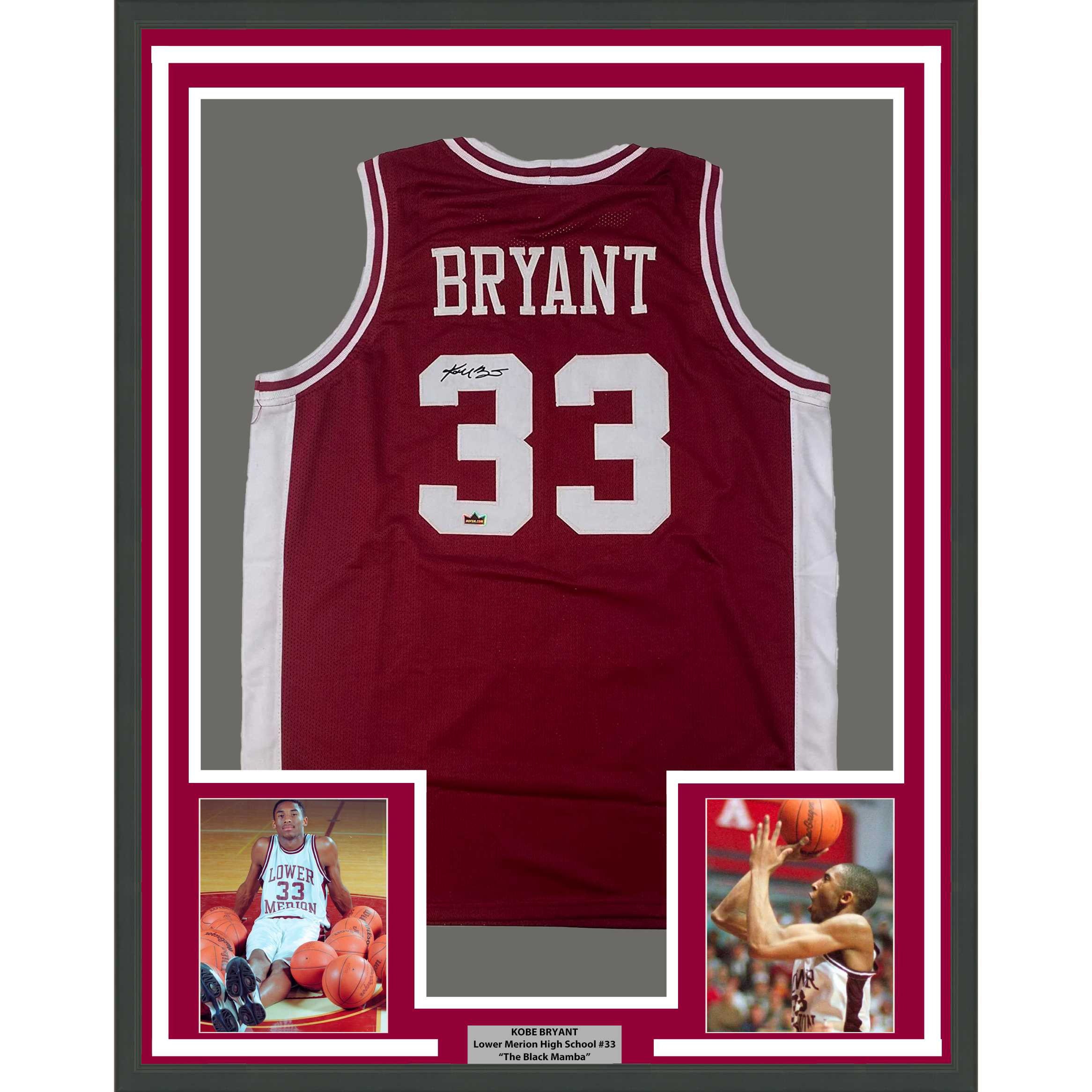 Framed Facsimile Autographed Kobe Bryant 33x42 Lower Merion Maroon Reprint Laser Auto High School Basketball Jersey