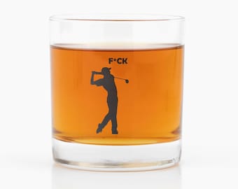 F*CK - Golf Whiskey Glasses - Set of 2 - Black Dishwasher Safe Print - Funny Golf Gifts for Men, Women, Dad, Mom, Husband, Wife, Him, & Her