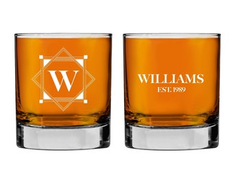 Personalized Whiskey Glasses - Engraved Monogram, Text - Perfect for Bourbon, Whiskey, Tequila & Cocktail for Groomsmen - 10.25oz - Set of 2