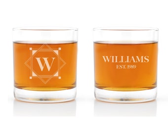 Personalized Whiskey Glasses - Engraved Monogram, Text - Perfect for Bourbon, Whiskey, Tequila & Cocktail for Groomsmen - 10.25oz - Set of 2