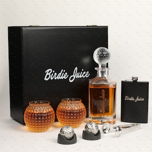 Birdie Juice Golf Whiskey Decanter Set - Includes Decanter with Ball Stopper, Flask, A set of Golf Ball Whiskey Glass and Chillers