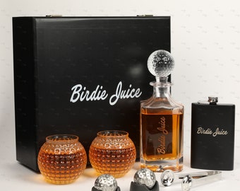 Ensemble de carafes à whisky de golf Birdie Juice - Comprend une carafe avec bouchon balle, une fiole, un ensemble de verres à whisky balles de golf et des refroidisseurs