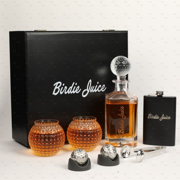 Birdie Juice Golf Whiskey Decanter Set - Includes Decanter with Ball Stopper, Flask, A set of Golf Ball Whiskey Glass and Chillers