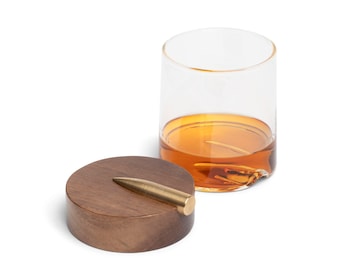 Whiskey Glasses with Copper Replica 50-Cal Bullet Wood Coasters - Set of 2