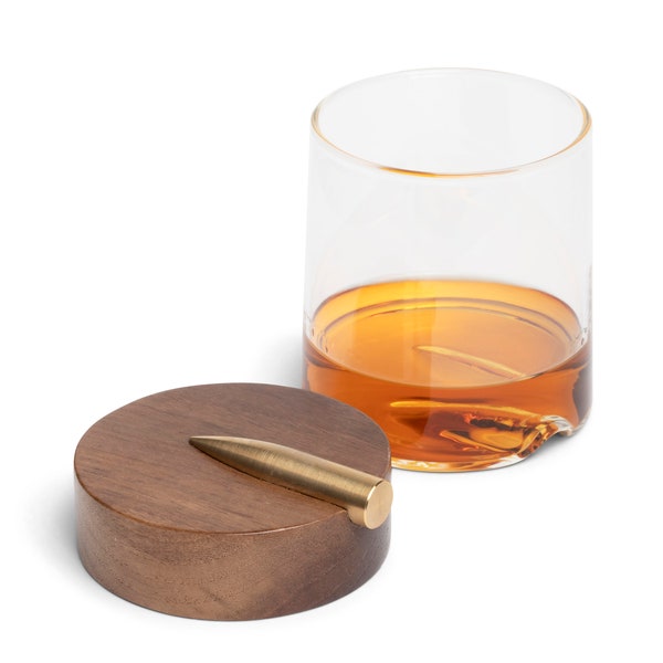Whiskey Glasses with Copper Replica 50-Cal Bullet Wood Coasters - Set of 2