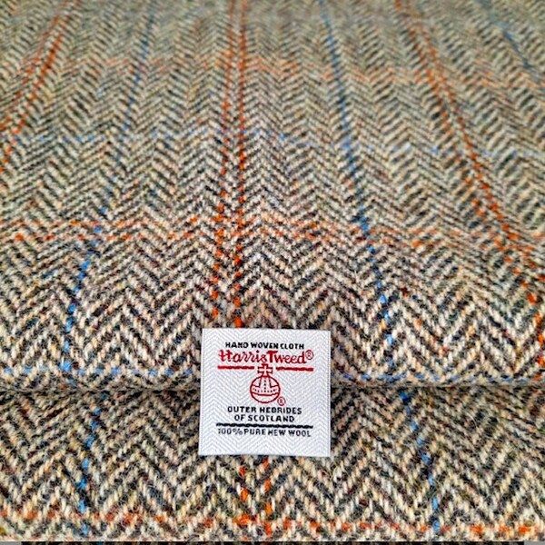 Harris Tweed Beige Herringbone Blue Orange Overcheck Label Upholstery Grade 30,000 Rubs Yard Metre