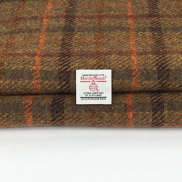 Harris Tweed Fabric Brown Tan Orange Red Check Wool Craft Piece