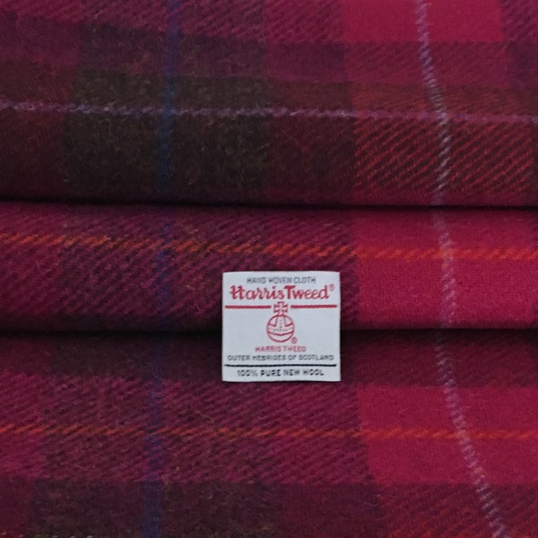 Pink Check Cerise Brown Tartan Harris Tweed Fabric, 100% Wool, Cloth, Material With Authenticity Labels