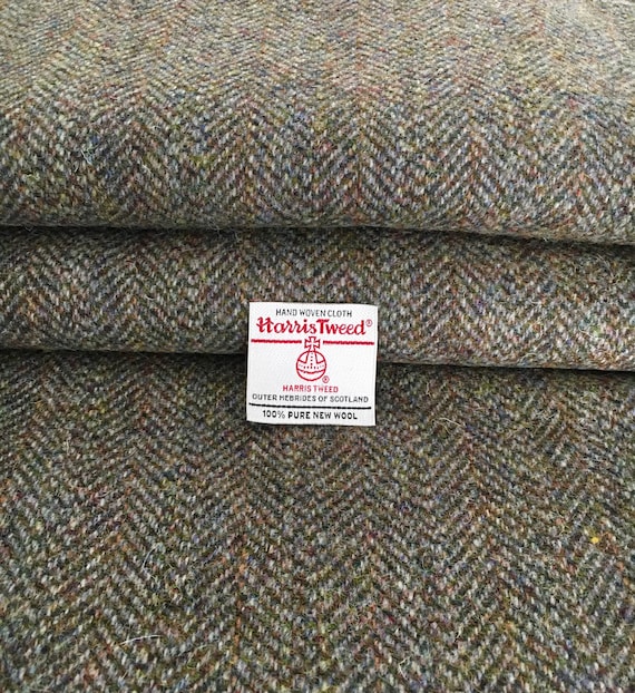 Green Brown Herringbone Overcheck Harris Tweed Fabric, 100% Wool