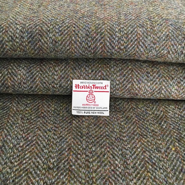 Green Brown Herringbone Overcheck Harris Tweed Fabric, 100% Wool, Cloth, Material, With Authenticity Labels