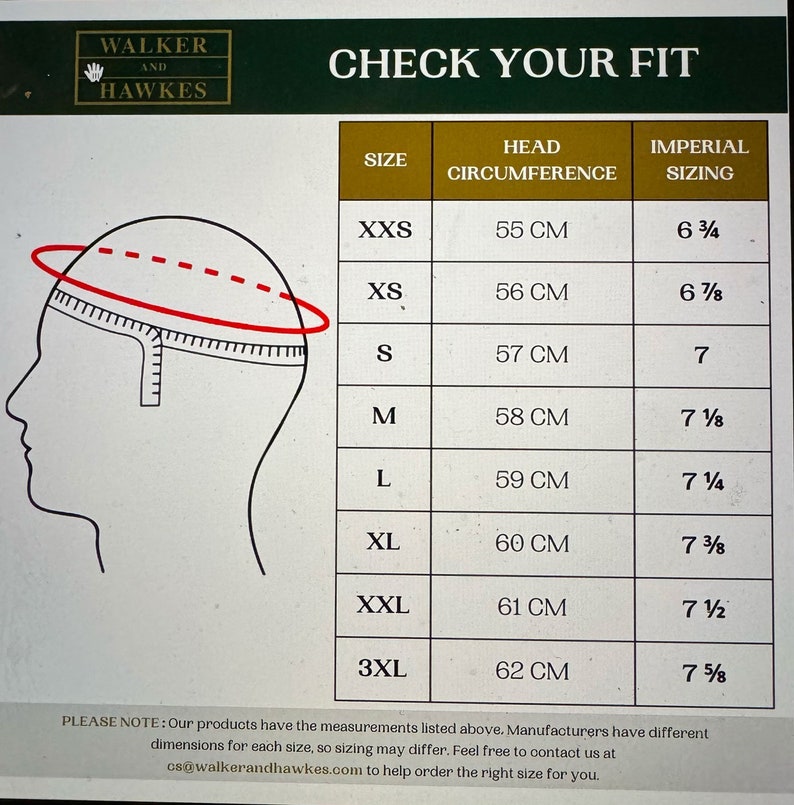 K&ouml;nnte beinhalten: Eine Tabelle mit Kopfgr&ouml;&szlig;en in Zentimetern und Zoll f&uuml;r verschiedene Hutgr&ouml;&szlig;en. Die Tabelle ist mit "Check Your Fit" beschriftet und umfasst die Gr&ouml;&szlig;en von XXS bis 3XL.