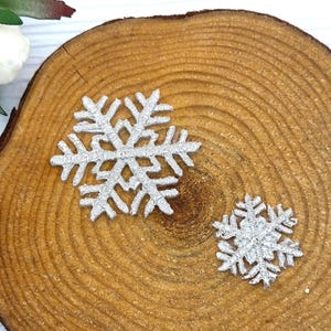 Può includere: Due toppe ricamate a forma di fiocco di neve color argento con intricati motivi geometrici. La toppa più grande è posizionata a sinistra, mentre quella più piccola si trova a destra, entrambe con una finitura in filo metallico testurizzato.
