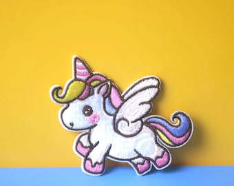 Flying Unicorn Iron-On Patch: Rainbow Pastel Embroidered Applique