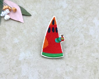 Caterpillar Eating Watermelon Iron On Patch: Embroidered Insect Applique