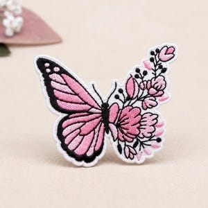 Pink Floral Butterfly Iron-On Embroidered Patch