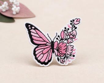 Pink Floral Butterfly Iron-On Embroidered Patch