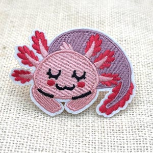 Sleeping Axolotl Iron On Patch, Embroidered Applique