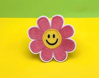 Pink Daisy Iron On Patch: Embroidered Floral Applique