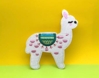 White Llama Alpaca Iron On Patch: Embroidered Animal Applique