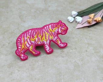 Pink Tiger Iron-On Patch: Embroidered Wild Animal Applique