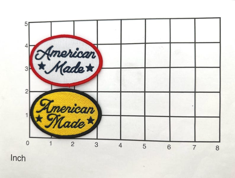 K&ouml;nnte beinhalten: Zwei ovale gestickte Aufn&auml;her auf einem in Zoll markierten Raster. Der obere Aufn&auml;her ist wei&szlig; mit rotem Rand und dunkelblauem Text American Made mit Sternen. Der untere Aufn&auml;her ist gelb mit schwarzem Rand und schwarzem Text American Made mit Sternen.