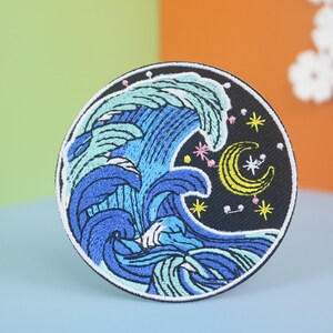 sea wave badge, wave patch, moon, iron on patch/embroidered patch/funny patch/applique/sew on patch