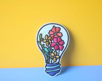 Floral Light Bulb Iron-On Patch, Embroidered Applique