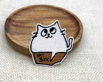 White Cat in a Box Embroidered Iron-On Patch: Funny DIY Applique