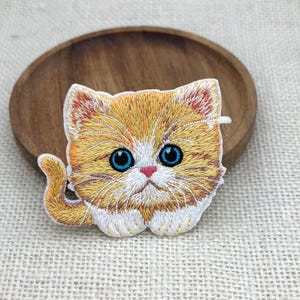 May include: An embroidered patch featuring a fluffy orange and white kitten with large, bright blue eyes and a small pink nose. The kitten is depicted in a sitting position with its tail curled upward, showcasing detailed golden-orange fur stitching.
