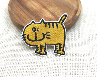 Happy Yellow Cat Iron-On Patch, Embroidered Applique