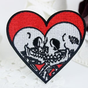 Heart Skeleton Kiss Embroidered Patch - Gothic Iron On Applique