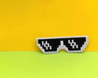 Pixel Sunglasses Iron On Patch: Meme Embroidered Applique