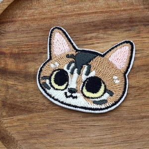 Big-Eyed Cat Embroidered Iron-On Patch, Kawaii Kitty Face Applique