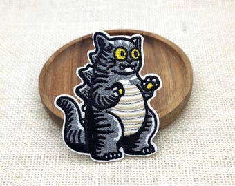 Catzilla Embroidered Iron-On Patch, Cute Kaiju Cat Applique