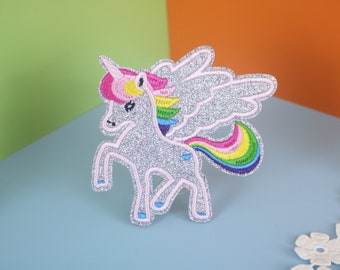 Silver Glitter Unicorn Patch: Rainbow Tail, Iron-On Applique