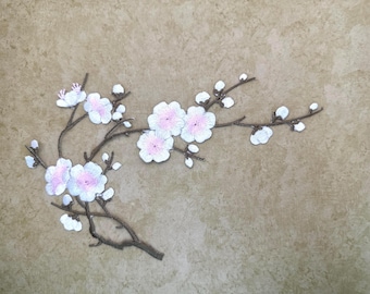 Large Pink Sakura Cherry Blossom Branch Embroidered Iron-On Patch – Sakura Flower Applique
